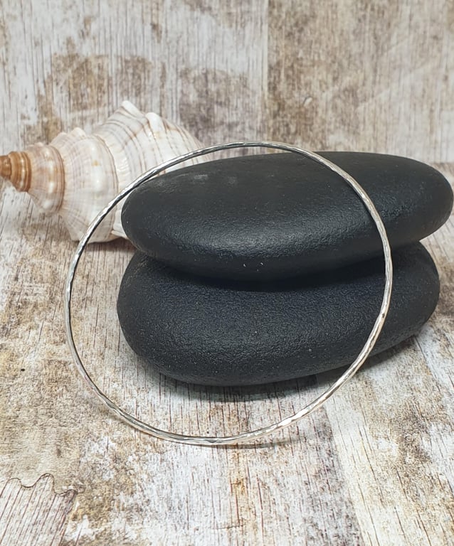 Sterling Silver 925 Hammer Textured Skinny Round Bangle