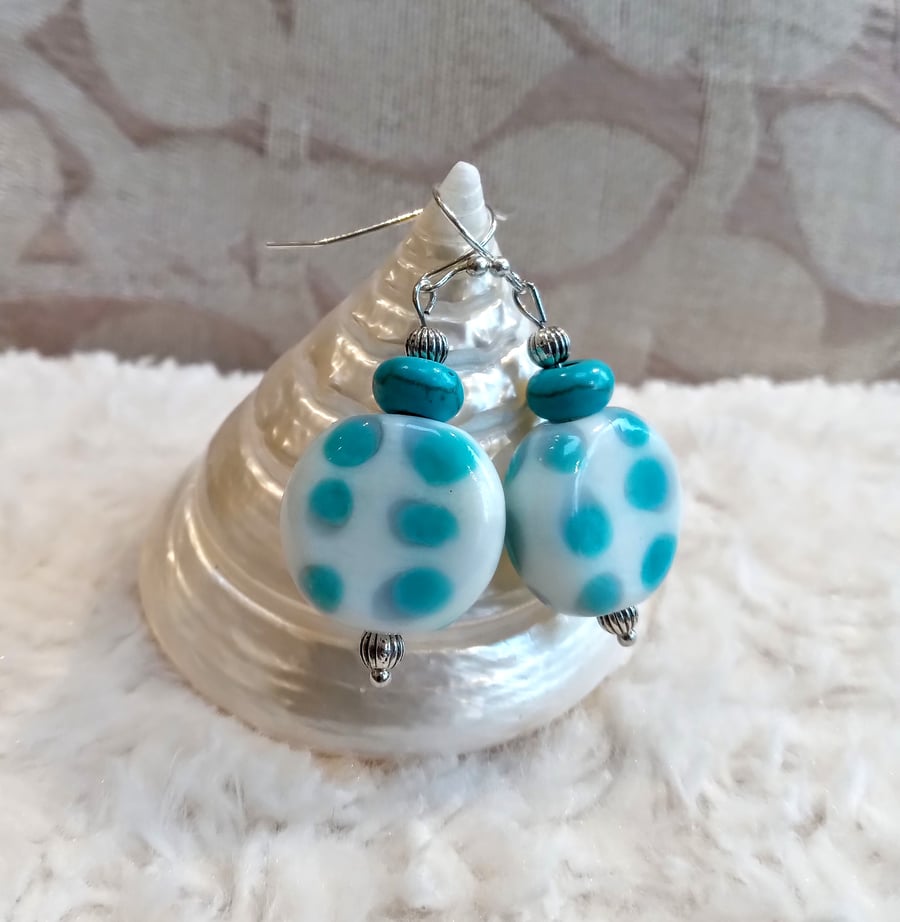 FUNKY Lampwork glass & real Turquoise & Tibetan silver EARRINGS