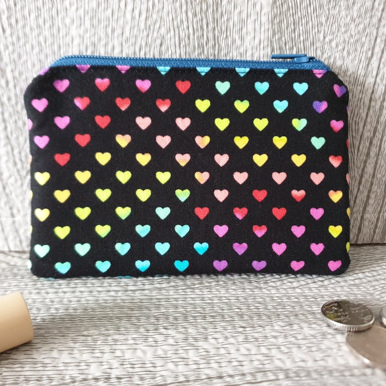 Coin Purse handmade with Small Rainbow Hearts 100% Cotton Fabric outer