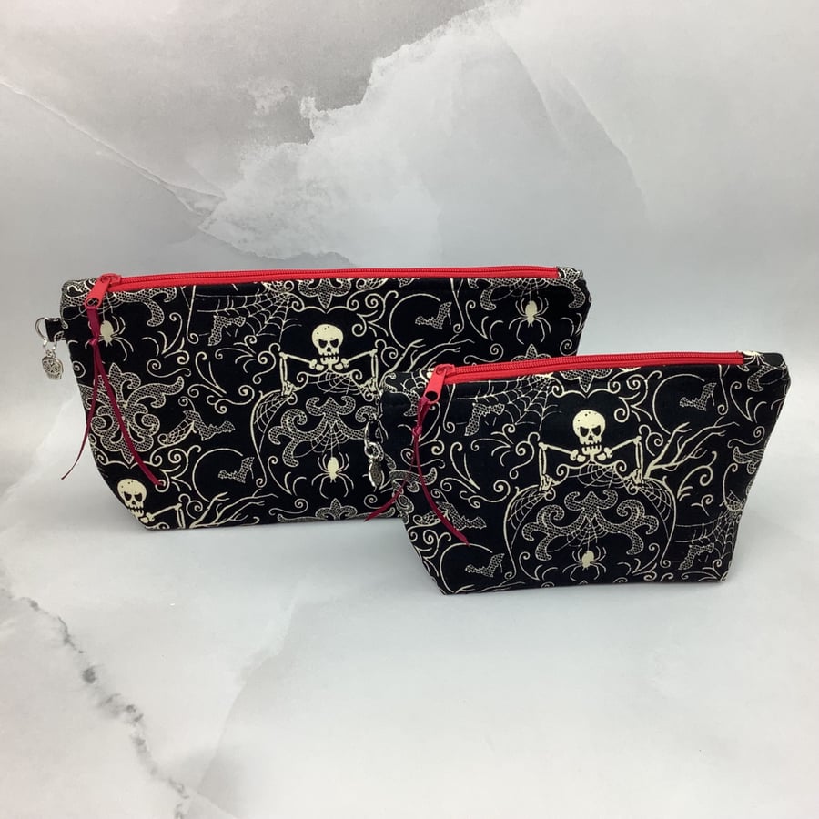 Skeletons makeup bag, Gothic zip bag, 2 size options, Handmade
