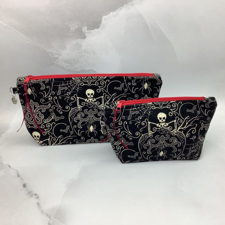 Skeletons makeup bag, Gothic zip bag, 2 size options, Handmade