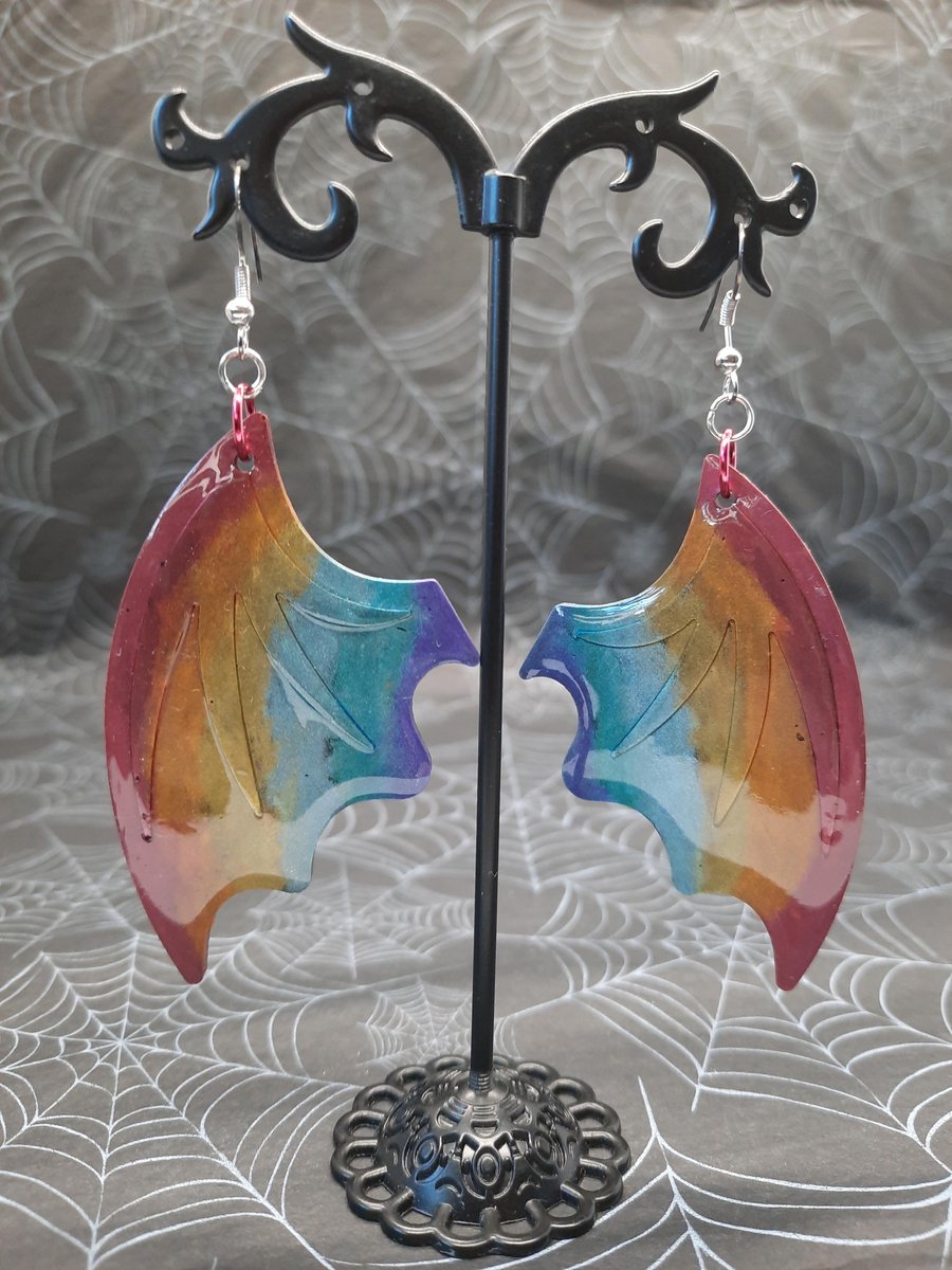 Rainbow Pride Dragon Bat Demon Devil Wing Earrings