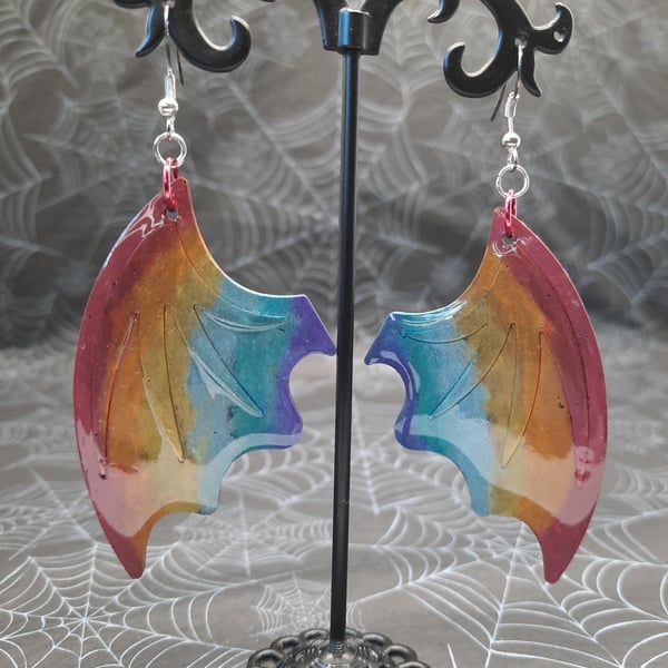 Rainbow Pride Dragon Bat Demon Devil Wing Earrings