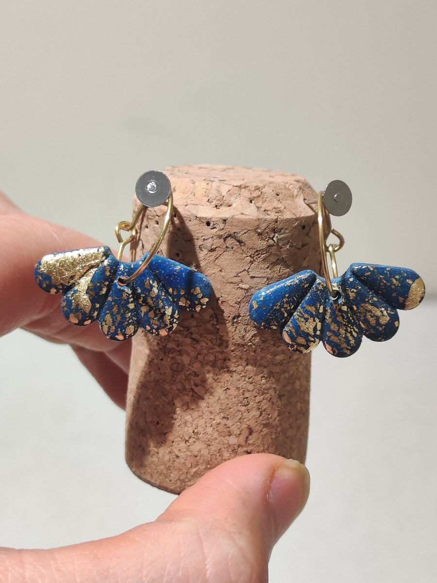 Starry night scallop hoops polymer clay earrings 