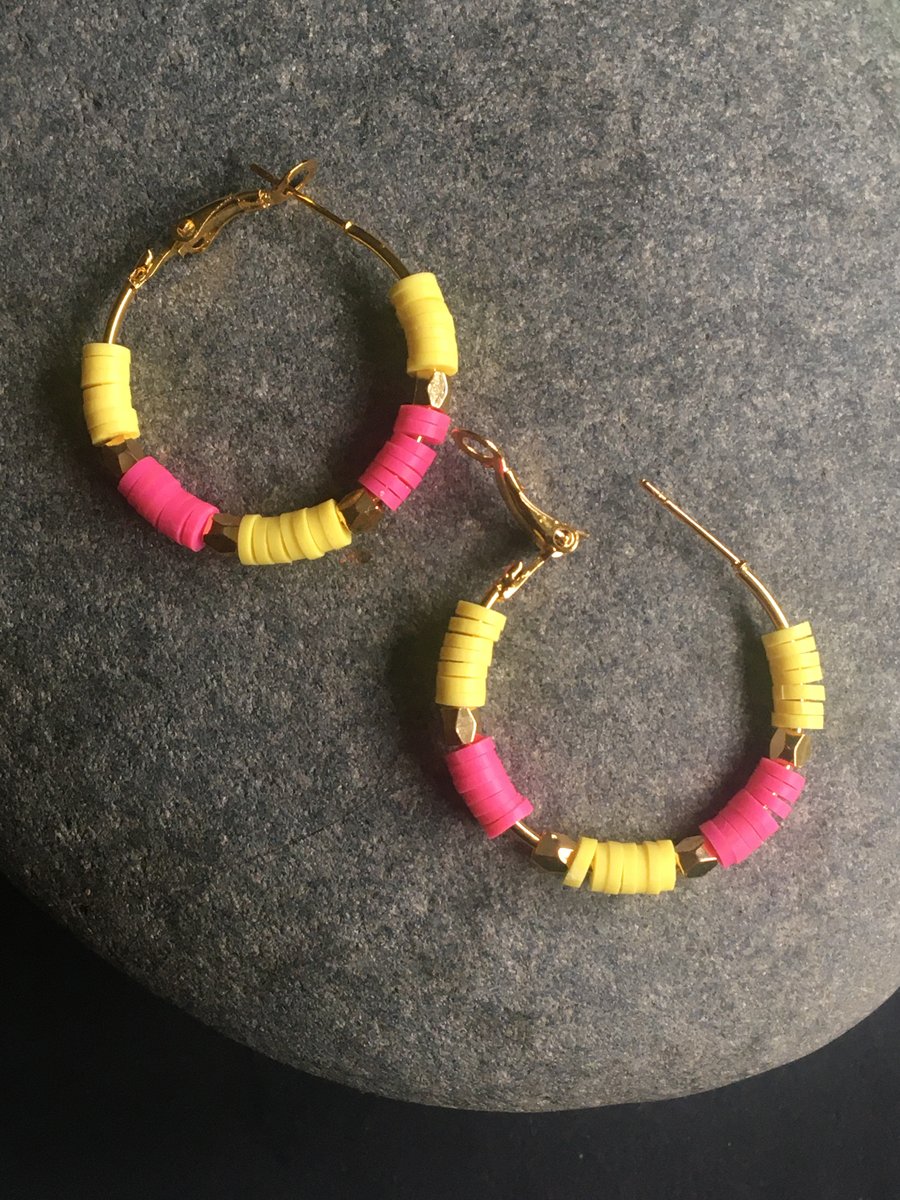 Yellow and bright pink hoop earrings 