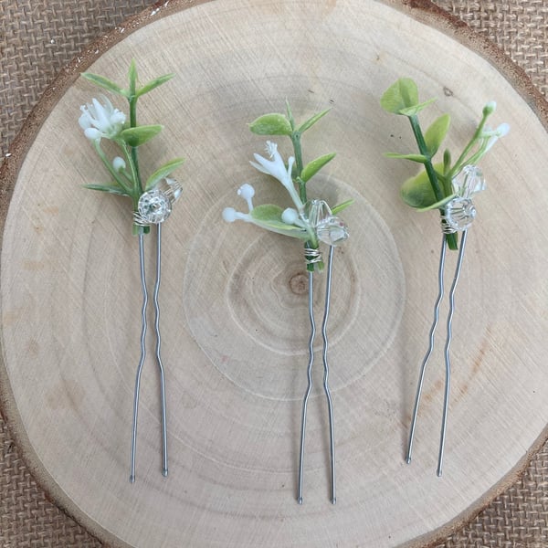 Eucalyptus gypsophila hair pins Floral flower bridesmaid bridal wedding hair pin