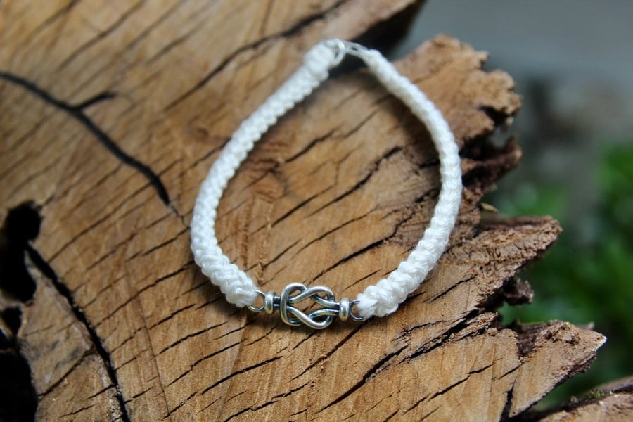 Cream Cotton Bracelet with Silver Knot, Cotton Anniversary Gift, 2nd Anniversary