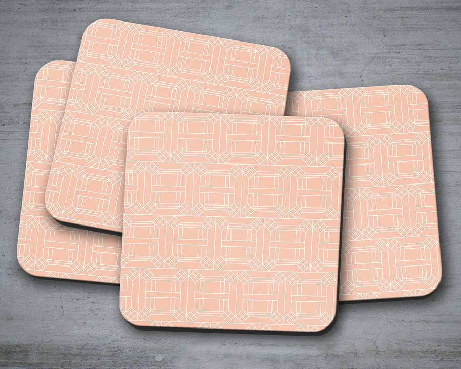 Set of 4 Peach with White Geometric Design Coasters, Drinks Mat
