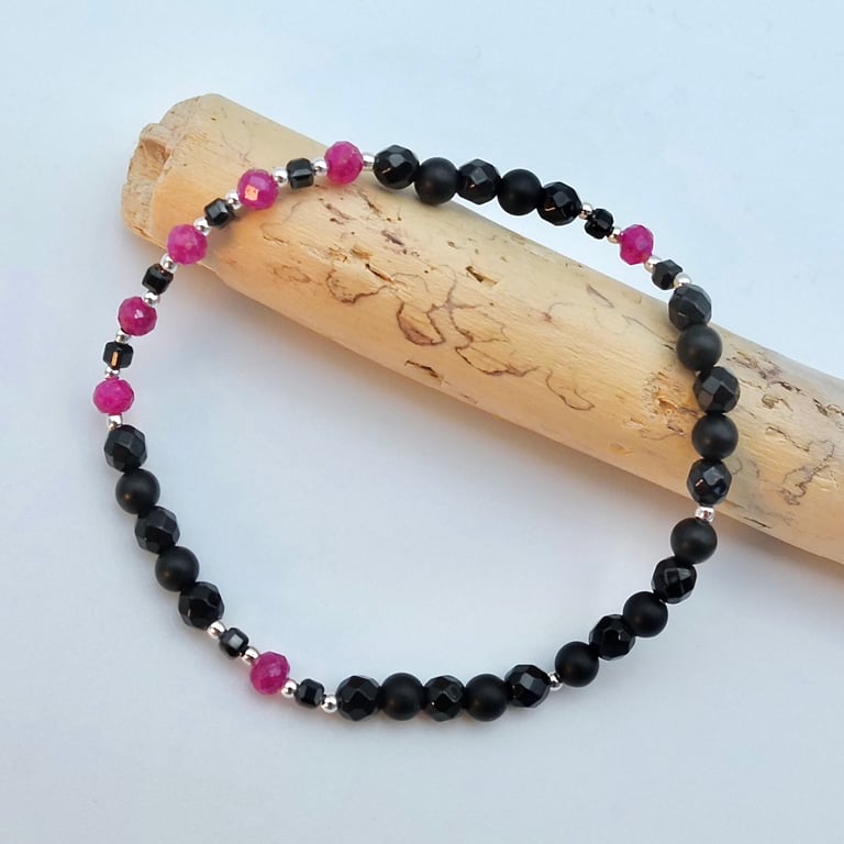 Genuine Ruby, Spinel & Onyx Bracelet, 40th Wedding Anniversary, July Birthstone