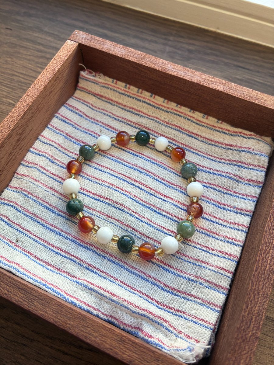White Chalcedony, Red Agate & Moss Agate Bracelet