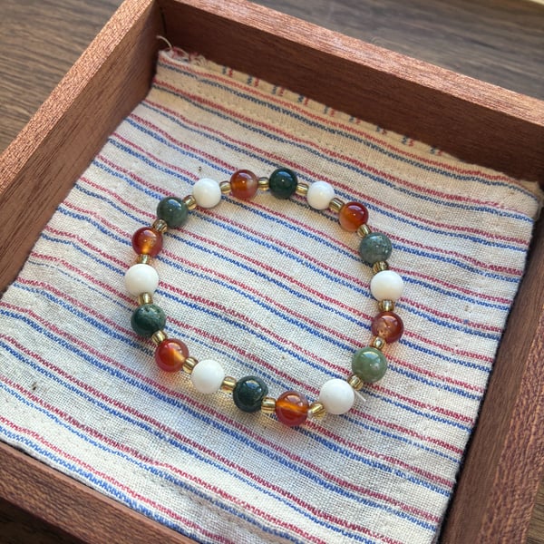 White Chalcedony, Red Agate & Moss Agate Bracelet