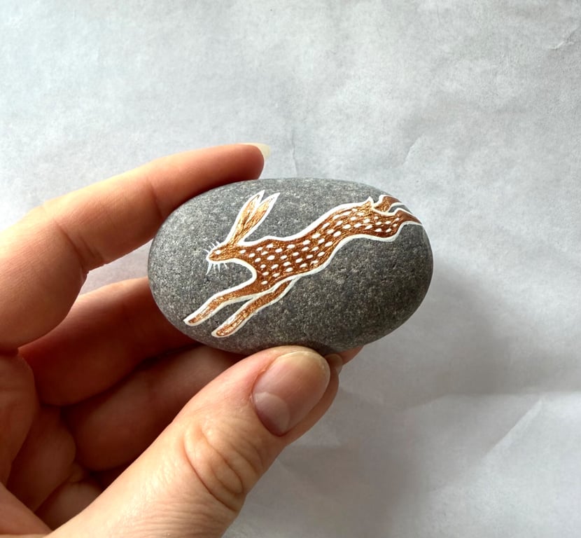 Copper Hare Stone, Handpainted River Rock Art Ornament, Cute Animal Gifts