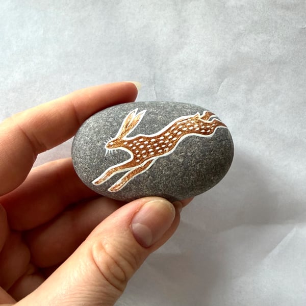 Copper Hare Stone, Handpainted River Rock Art Ornament, Cute Animal Gifts