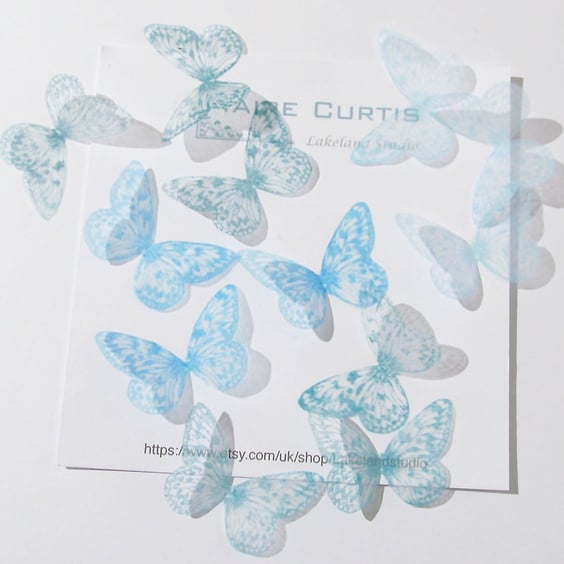 Hand printed silk butterflies in shades of teal
