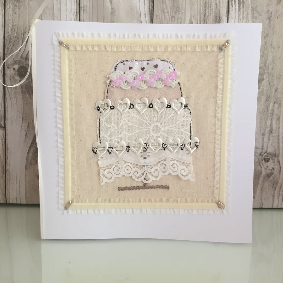 Wedding cake card - traditional hand crafted wedding card hearts