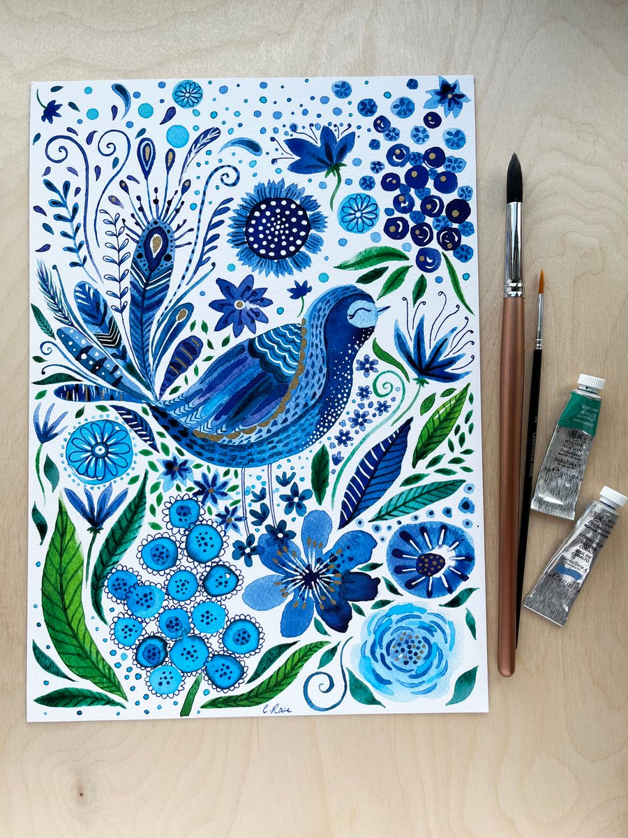 Floral Blue Bird A4 Print