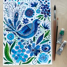 Floral Blue Bird A4 Print