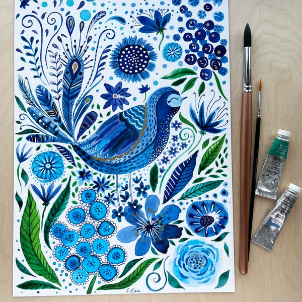 Floral Blue Bird A4 Print