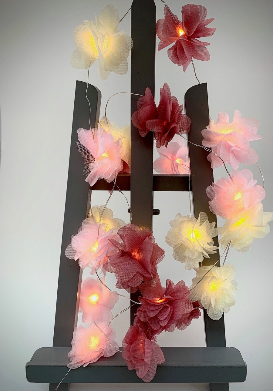 20 chiffon flower Fairy Lights in dusky pink, baby pink and cream.