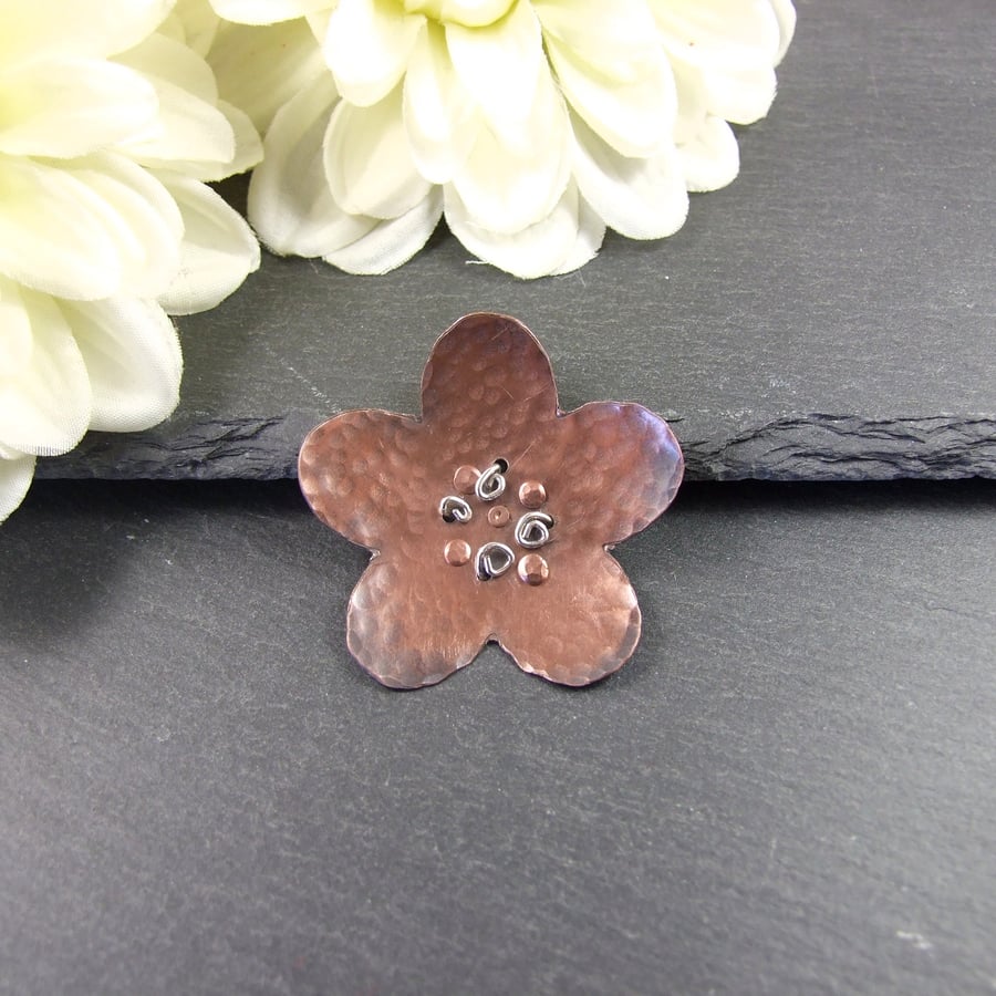 Flower Brooch, Artisan Design Copper with Sterling Silver Accents