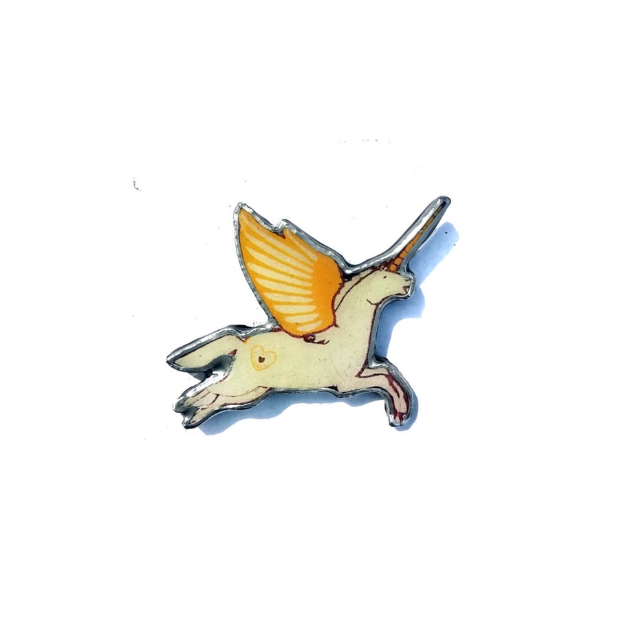 Whimsical Yellow winged Unicorn Kitsch Resin Brooch by Ellymental 