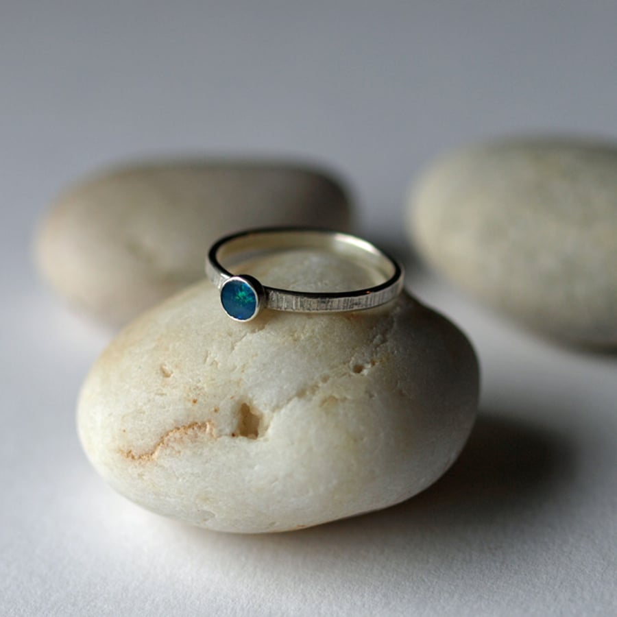 Opal Ring - Sterling Silver Line Patterned Rings 
