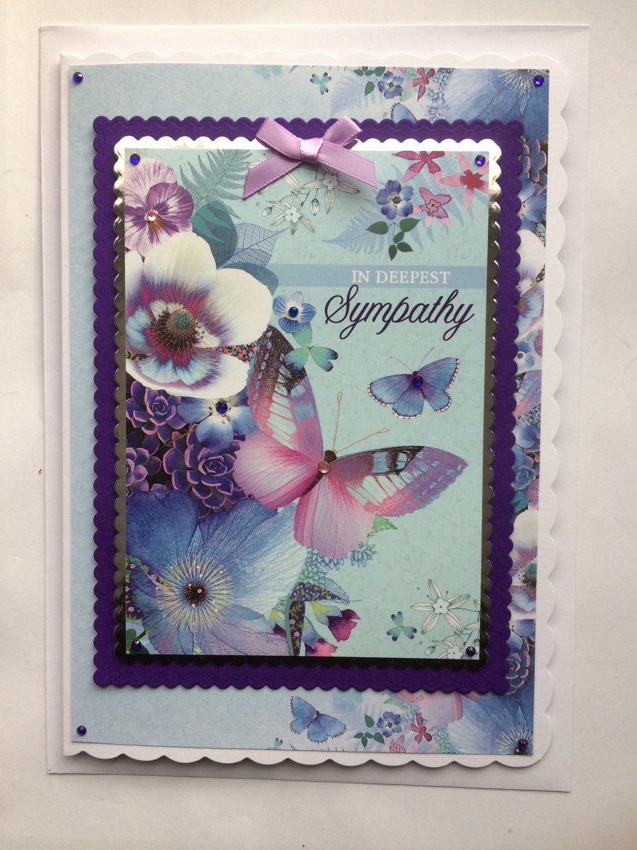 Sympathy Card In Deepest Sympathy Purple Butterflies and Flowers 3D Luxury
