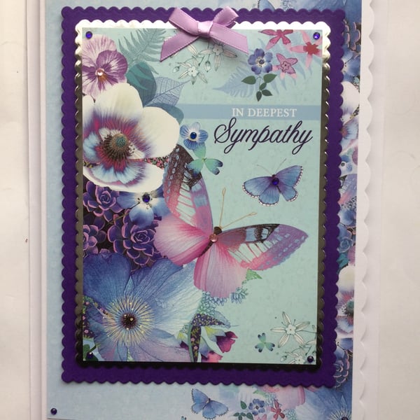 Sympathy Card In Deepest Sympathy Purple Butterflies and Flowers 3D Luxury