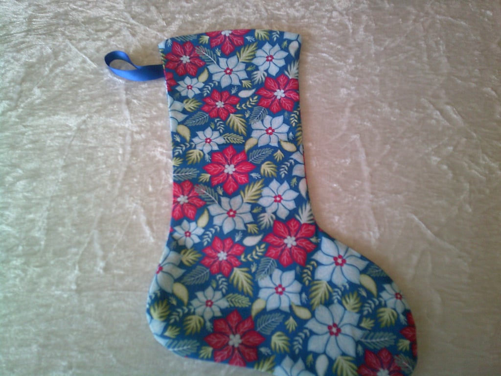 Poinsettia on Blue 10.5 inch Stocking