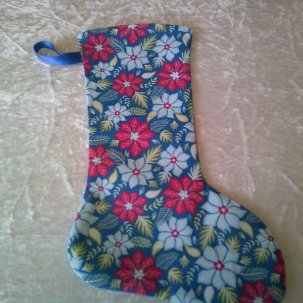 Poinsettia on Blue 10.5 inch Stocking