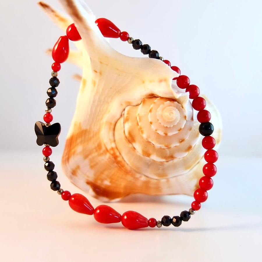 Red Bamboo Coral Bracelet With Black Spinel And Swarovski Butterfly