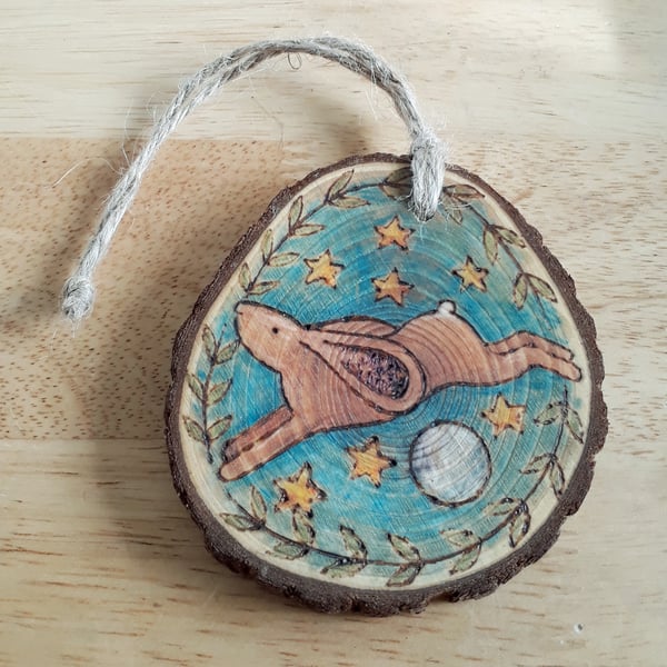 Pyrography hare wood slice hanging decoration