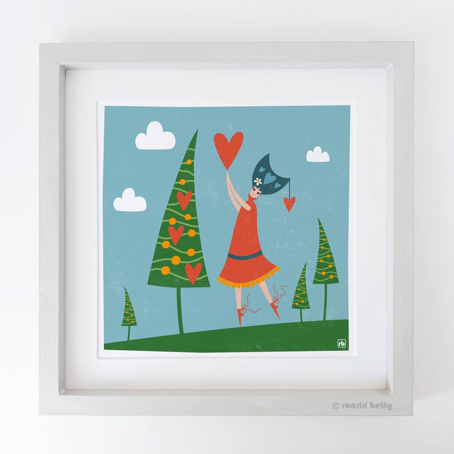 Decorating The Trees With Love Hearts, lady with trees and hearts Giclee print