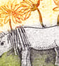 Little Grey Pony. amongst the Sunflowers  - `Original collagraph print - Image 2
