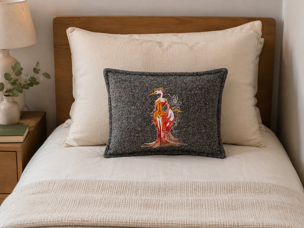 Embroidered Harris Tweed Scatter Cushion backed with Vintage Japanese Silk