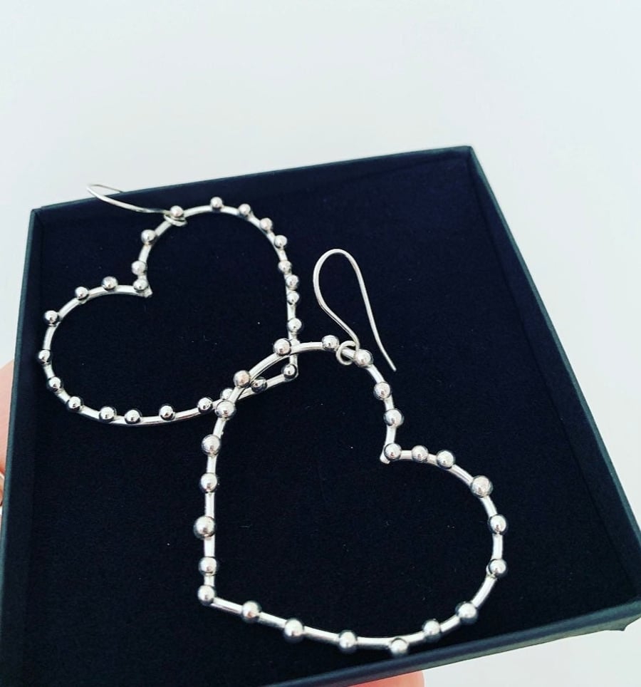 Heart Silver Hoop Earrings -Large Sparkly Dangle Hearts 