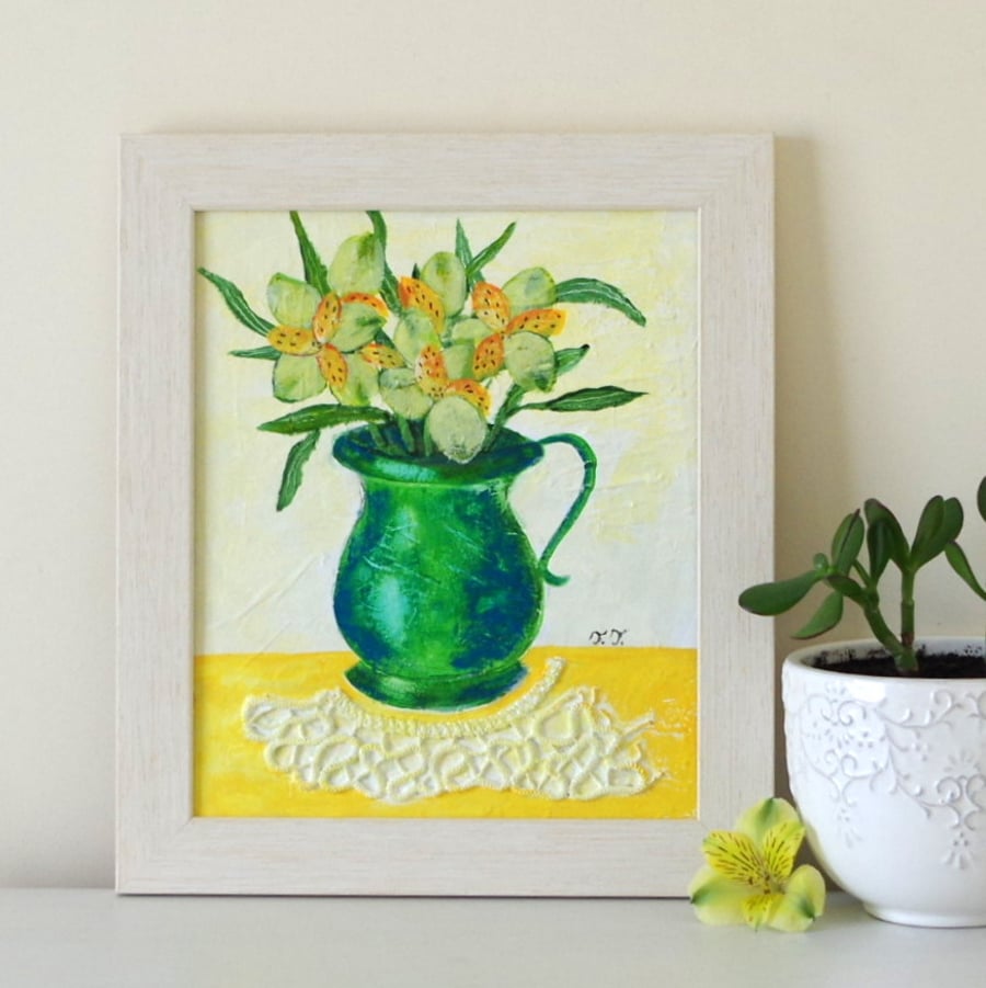 Yellow and Green Artwork, Flowers Framed Painting, Doily Collage Mixed Media