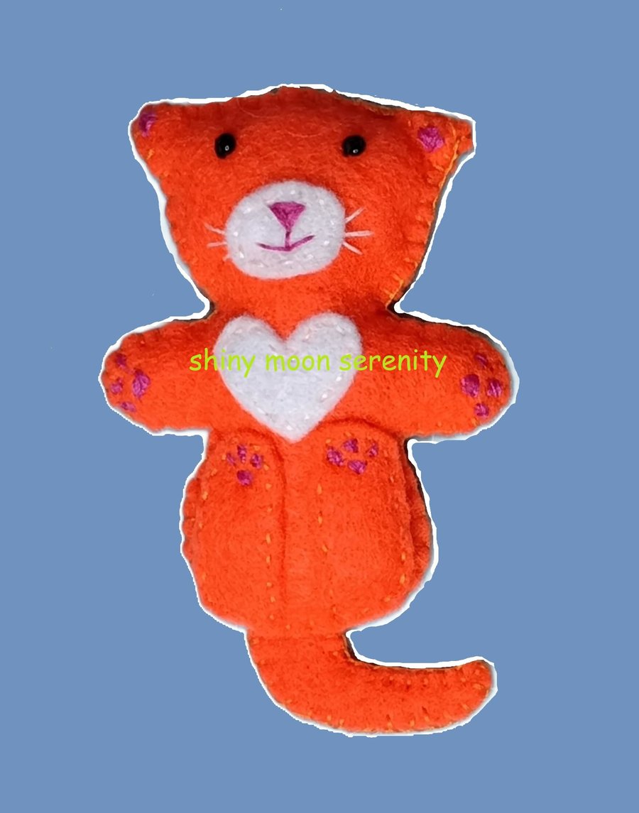 Cat on back Orange and White Felt Brooch.