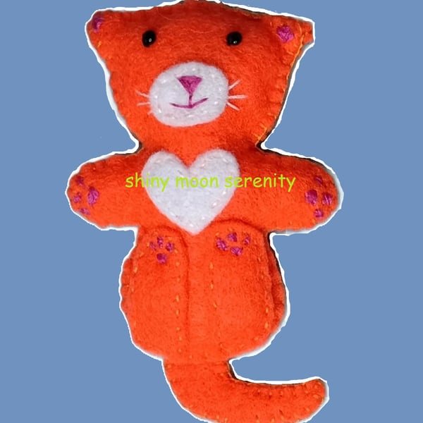 Cat on back Orange and White Felt Brooch.