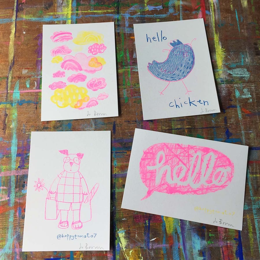 Beautiful Bundles - Riso postcard print set B - 4 fun cards by Jo Brown