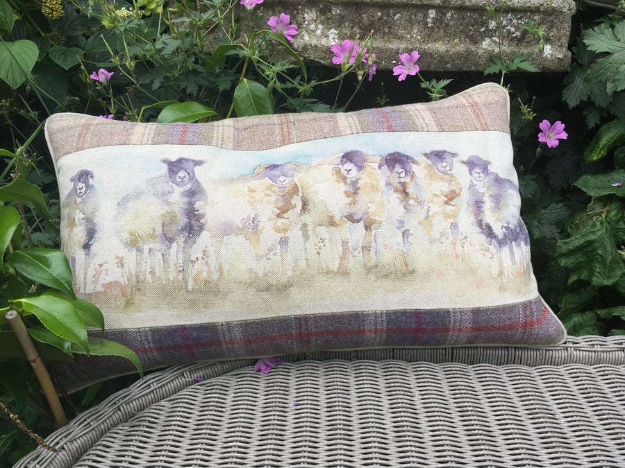 Sheep cushion. Flock of sheep scatter cushion. FREE UK P&P. Tartan cushion.