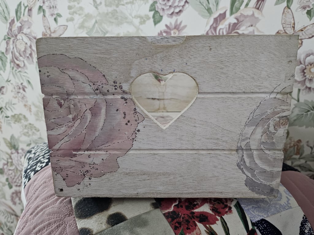 Rustic Shabby Chic Rose Wooden Crate Storage Box Hand Painted & Rose Transfer