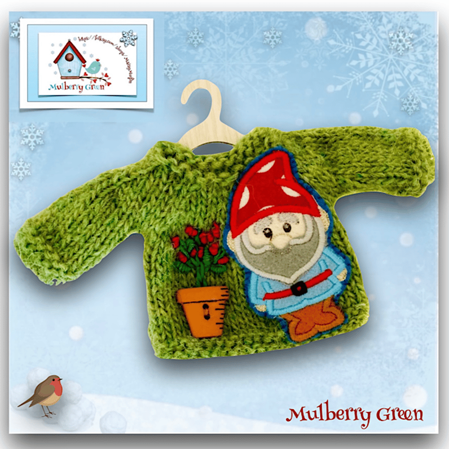 Green Jumper embroidered with a Cute Garden Gnome