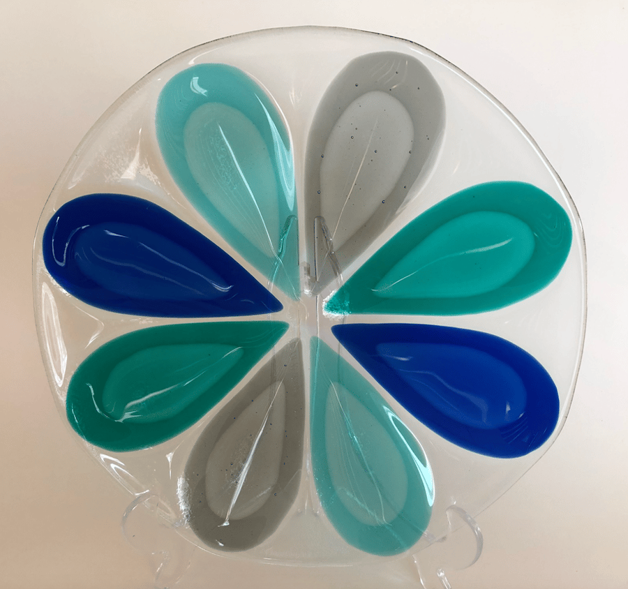 Fused Glass decorative plate, 24cm, coloured teardrops
