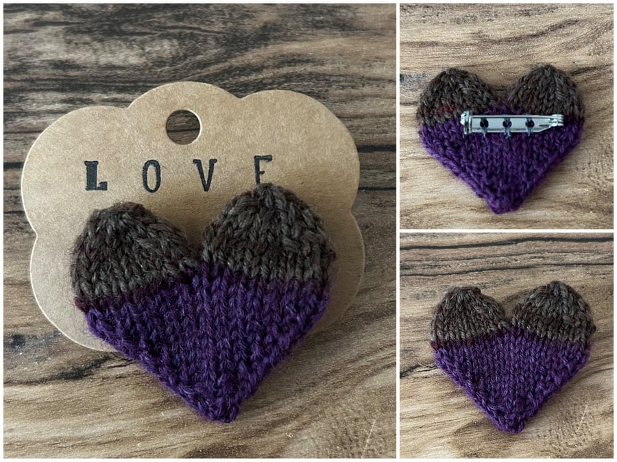 Hand Knitted Heart Brooch Gift - Brown and Purple