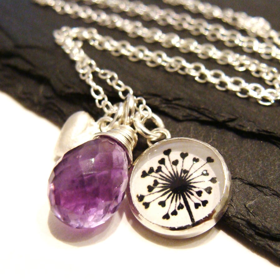 Sterling Silver Dandelion Necklace - Valentine Heart Charm - Amethyst Necklace