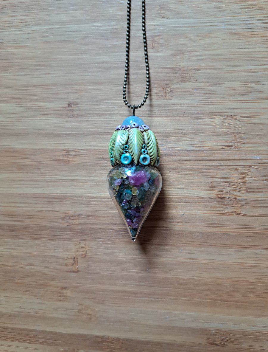 Angelite and Watermelon Tourmaline Vial with Epoxy Clay Vial Amulet Pendant