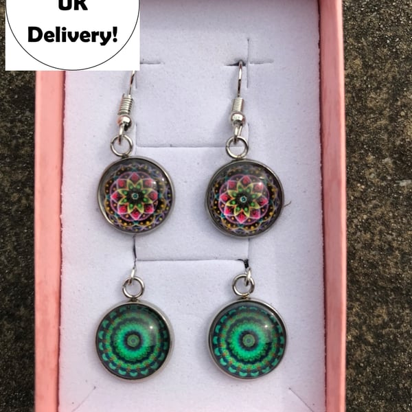 Glass Mosaic Effect Drop Earrings - 2 pairs - Pink & Green