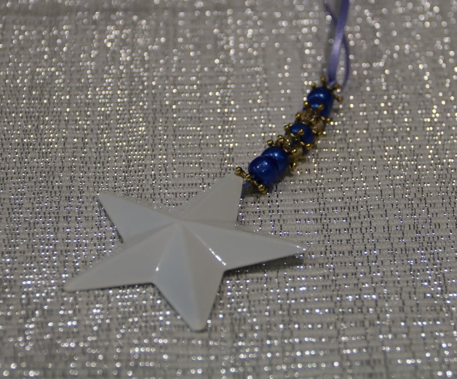 Beaded Star Christmas tree decoration, enamelled star dark blue beads