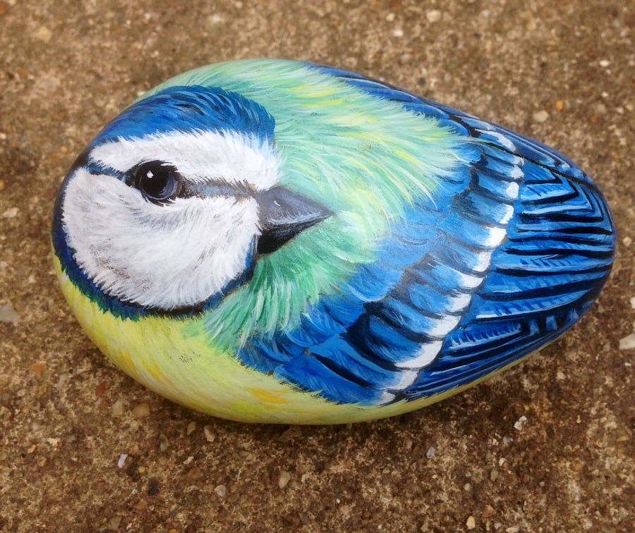 Bluetit hand painted rock bird 